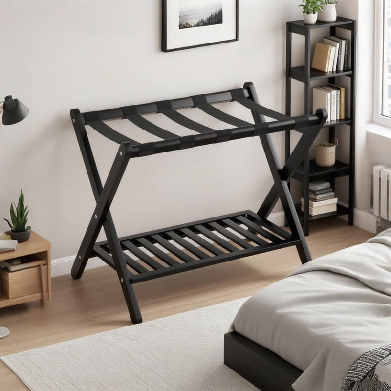 GAOHAPY Bamboo Luggage Rack with Shoe Shelf Folding Suitcase Stand with 5 Heavy-Duty Straps for Guest Room Living Room Hotel Ideal Luggage Holder for Suitcases Bags Shoes,Black - Image 1